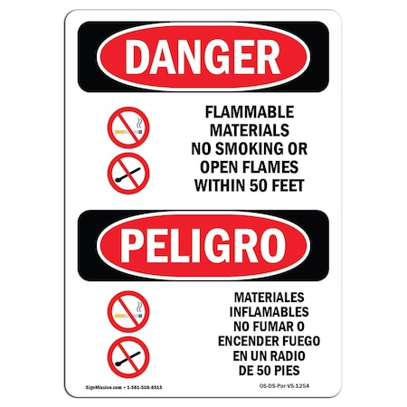 Signmission OSHA Sign, Flammable Materials No Smoking Bilingual, 10in X 7in Alum, 7" W, 10" L, Spanish OS-DS-A-710-VS-1254